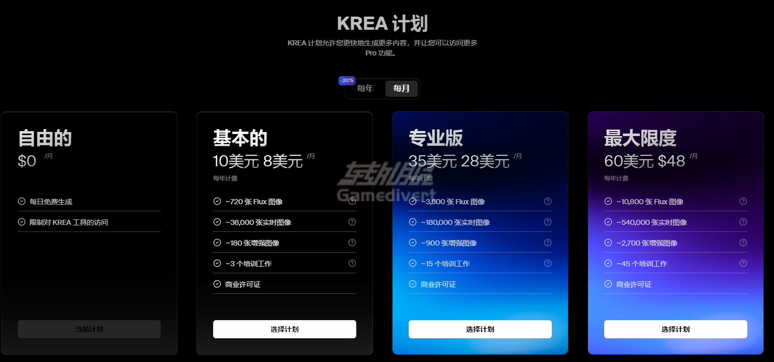 Krea AI月度计划.png