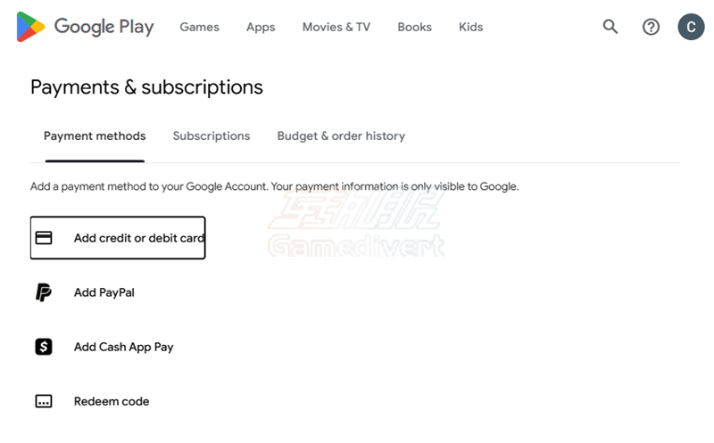 3. 选择付款方式类型,海外 Visa 卡游戏充值方法,用 Visa 卡给海外游戏充值,海外游戏 Visa 卡支付方式大陆用户如何给 Google Play 充值,大陆地区 Google Play 充值渠道