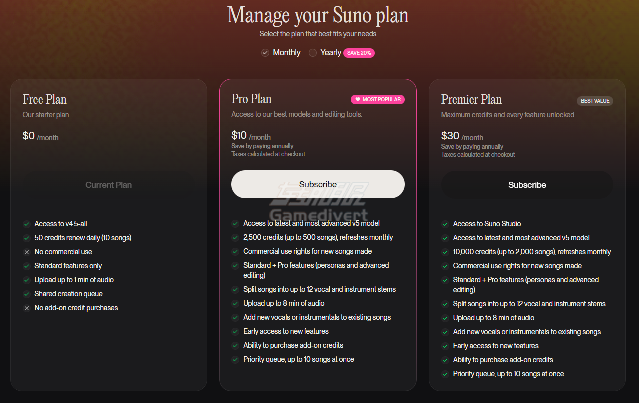 Suno提供两种主要订阅套餐 Suno AI,Suno AI v5, Suno AI 会员订阅,Suno AI Pro会员,人工智能音乐生成, 音乐生成AI, 音乐制作工具, 音乐制作平台, Suno Studio, AI音乐创作, 音乐生成AI对比, 音乐生成AI工具, 音乐生成AI技巧, 音乐生成AI教程